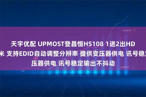 天宇优配 UPMOST登昌恒HS108 1进2出HDMI分配器20米 支持EDID自动调整分辨率 提供变压器供电 讯号稳定输出不抖动